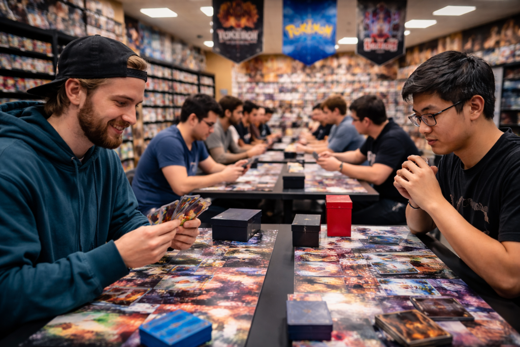 Trading card game tournament with players competing during an in-store event at a local TCG shop